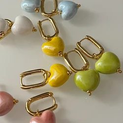 Ceramic Heart U HOOP earrings for women green pink blue colorful earrings for girls summer holiday cute jewelry
