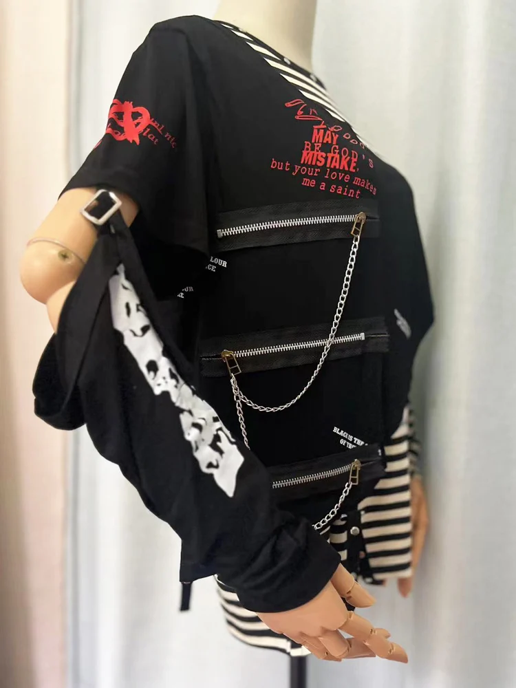 2025 giapponese y2k a maniche lunghe con catena di rivetti Top Kill Matt Rock Punk Abbigliamento da uomo T-shirt a righe con teschio Rivetti visivi