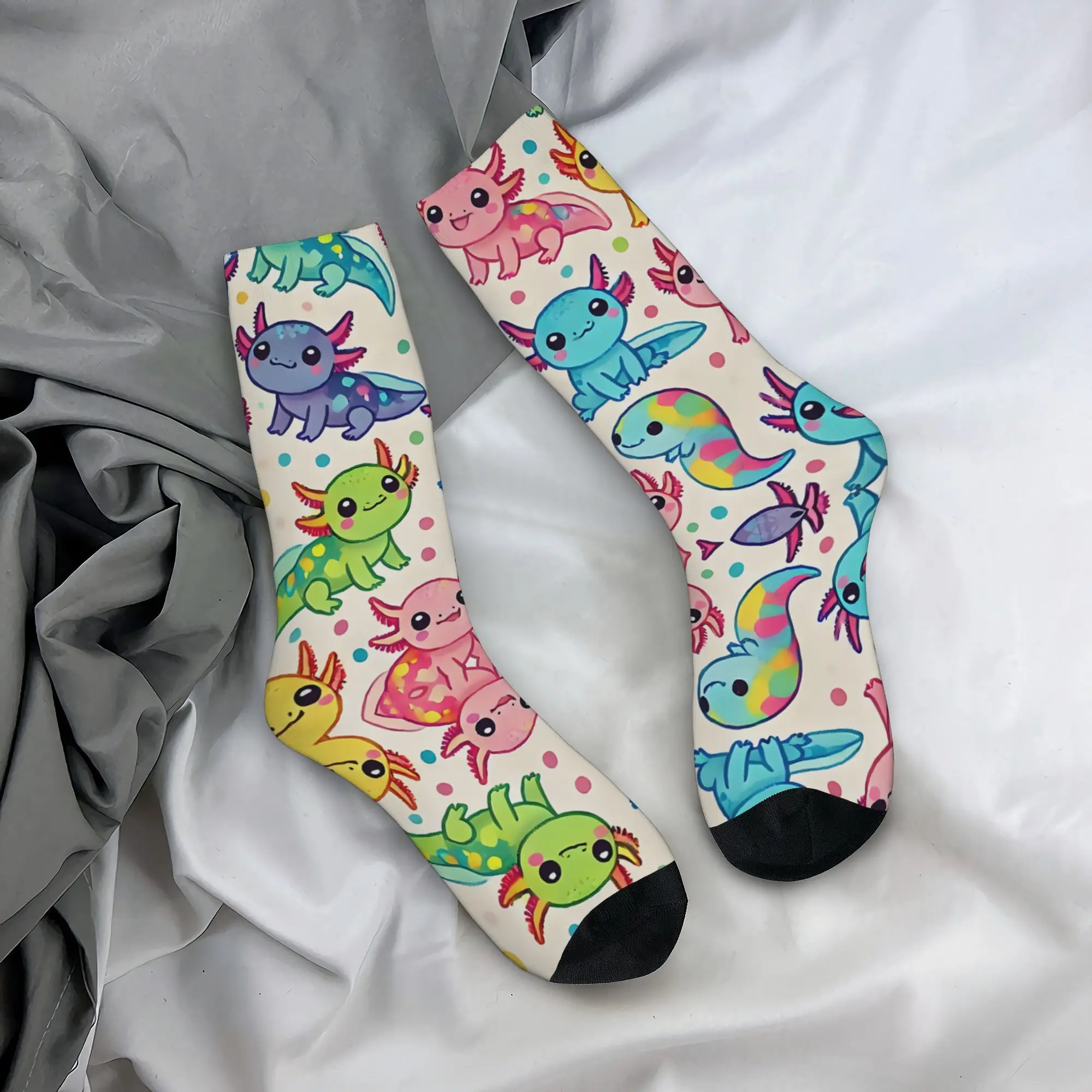 

[1 Pair Axolotl Socks] Colorful Axolotl Print 1 Pair Crew Socks | Knit Polyester with Elastane, Retro Harajuku Fashion