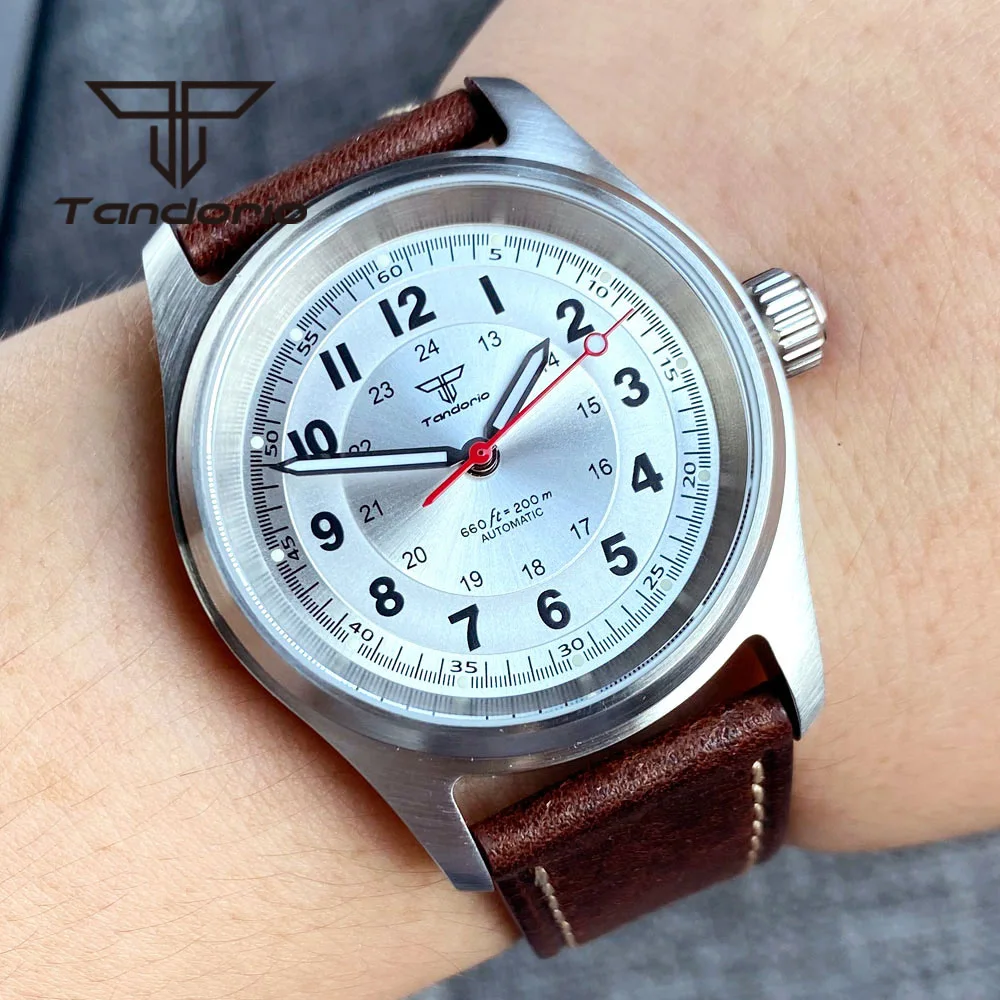 Tandorio Sapphire Kristall 36mm NH35A 20Bar Automatische Dive Pilot Armbanduhr für Männer Frauen Lederband Klapp Verschluss Schraube Krone