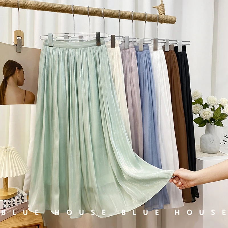 Summer Pleated Long Skirt Women Casual Elastic Waist Shiny Voile Chiffon Skirt Korea Fashion All-Match Style Work Party Skirts