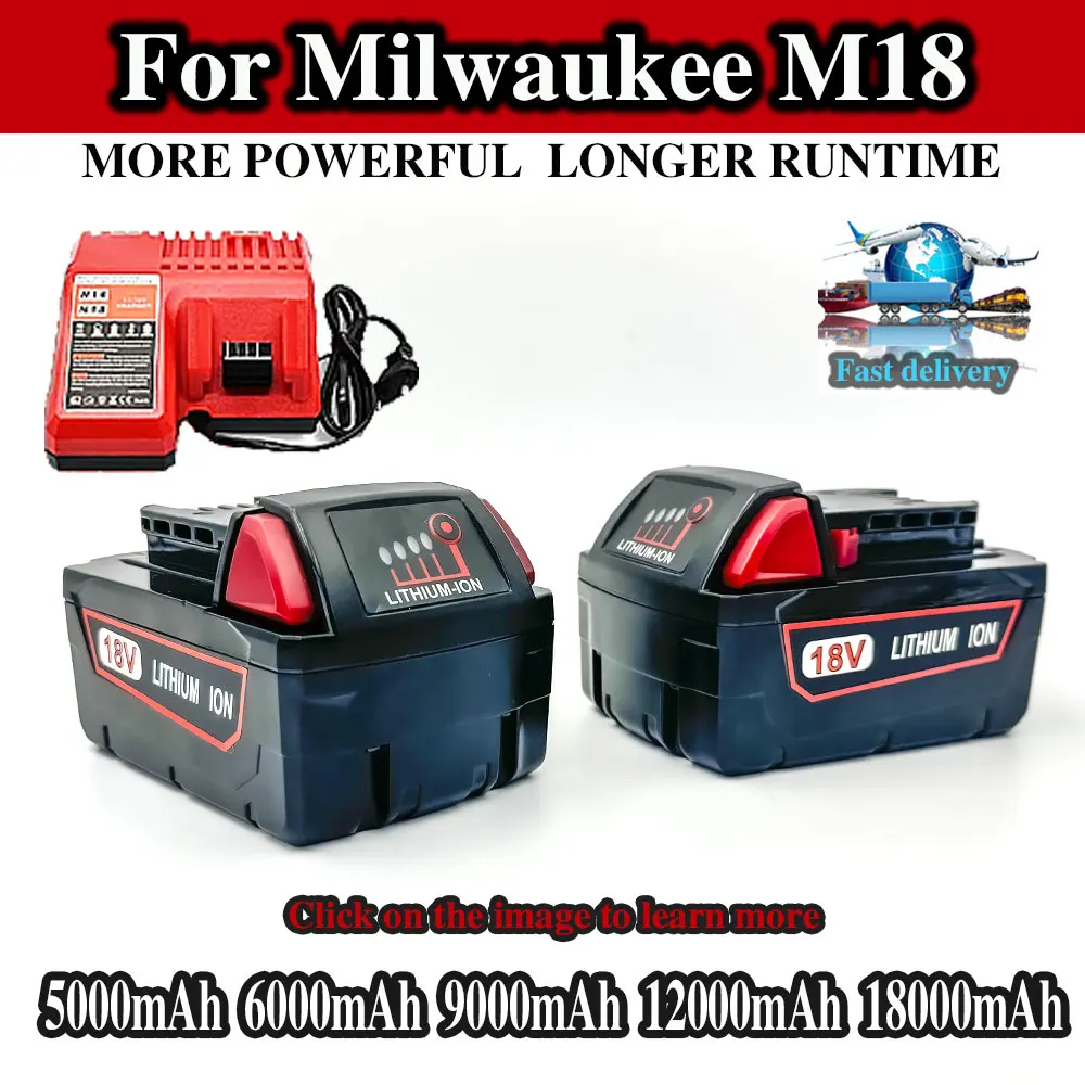 

For Milwaukee M18 Power Tool Battery, Charger, BR, XC, 18V, 5000mAh-18000mAh M18B5, 48-11-1860, Built-in 18650 10C Battery