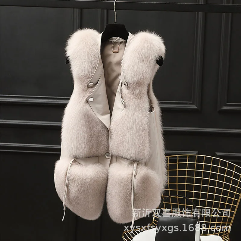 Feminino falso pele de raposa colete casacos sólidos jaquetas emendadas decote em v sem mangas único breasted grosso pele quente casual 2025 outono inverno