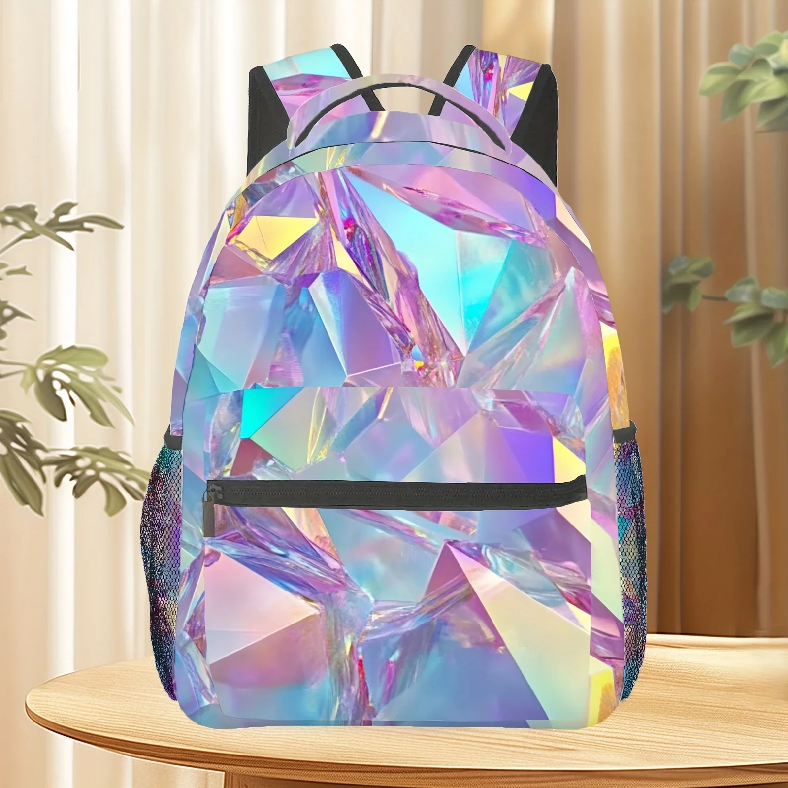 1pc Geometry Print Women'S Backpack Vibrant Iridescent Design, Foldable & Lightweight Laptop Bag With Adjustable Straps, Zip C