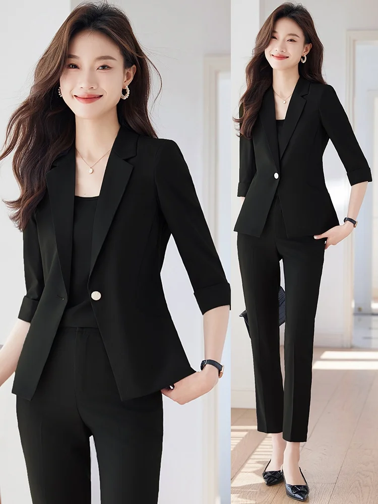 

Летний тонкий костюм Slim Fit для женщин: профессиональная рабочая одежда, элегантный стиль, с пуговицами, из полиэстеровой смеси, с рукавом до локтя