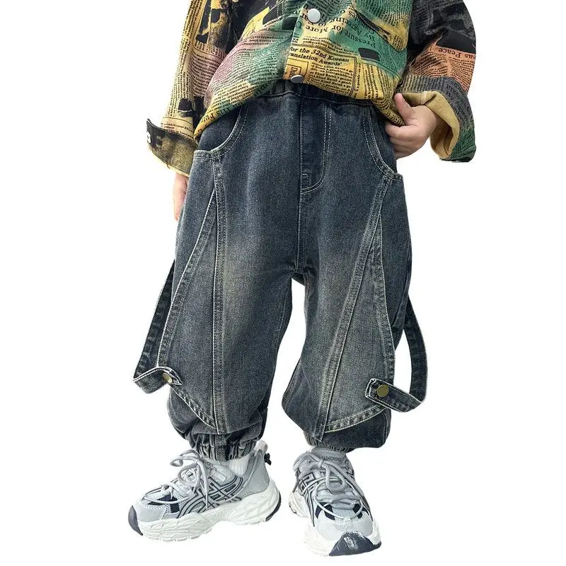 Baby Boy Jeans Fashion Handsome Ribbon Children's Denim Pants 2-10 Years Kids Trousers Boys Pants Children Baggy Pants