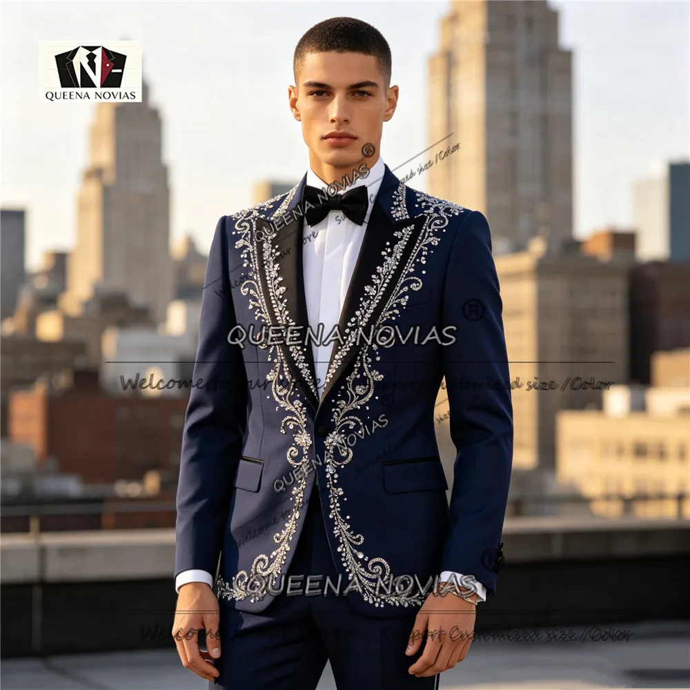 Man Formal Wear Tuxedo Suit Slim Fit Crystals Beading Jacket Pants 2 Piece Sets Groom Dinner Party Clothing Navy Costumes Hommes