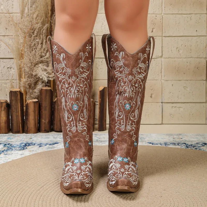 Embroidered Western Denim Vintage Knight Thigh Boots New Vintage Women's Square Heels view 4