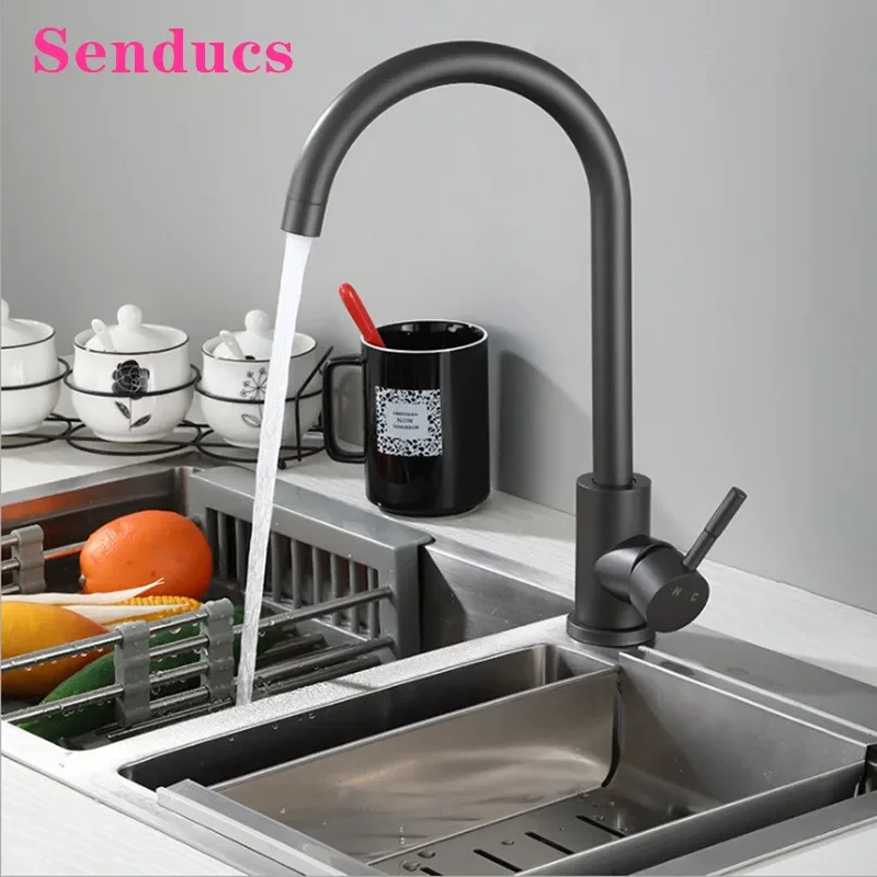 

Gray Kitchen Faucet Senducs SUS304 Stainless Steel Hot Cold Kitchen Mixer Tap Single Handle Grey Kitchen Sink Mixer Faucets