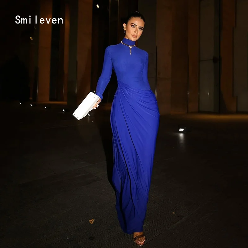 

Smileven Elegant Navy Blue Mermaid Prom Dress Scoop Full Sleeve Party Gowns Draped Occassion Dress Customized 2026