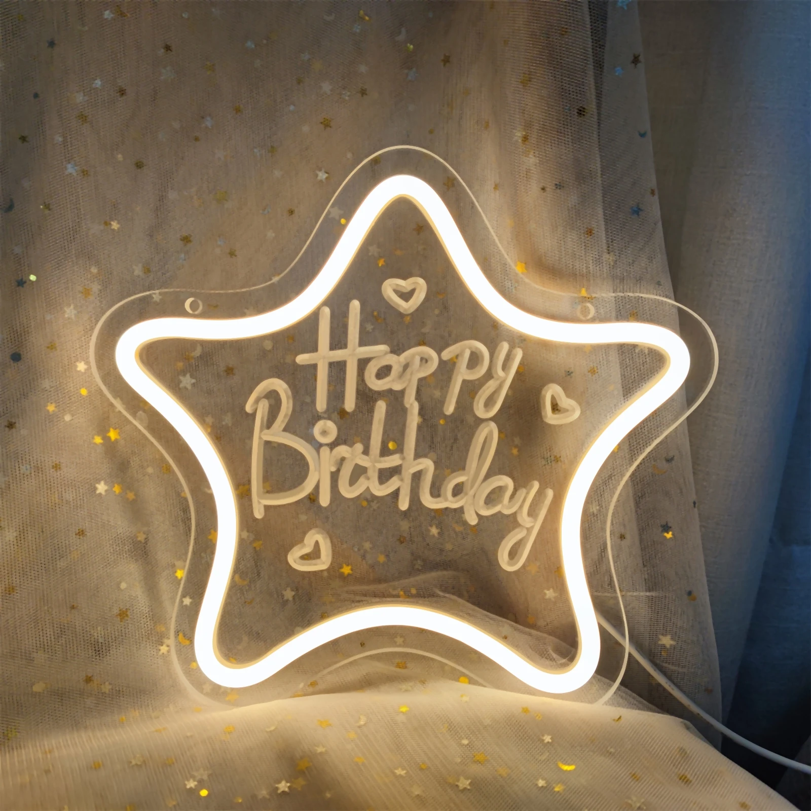 Happy Birthday Star LED Neon Sign Birthday Room Wall Art Decoration Party Celebrating Decoration Neon Night Lights