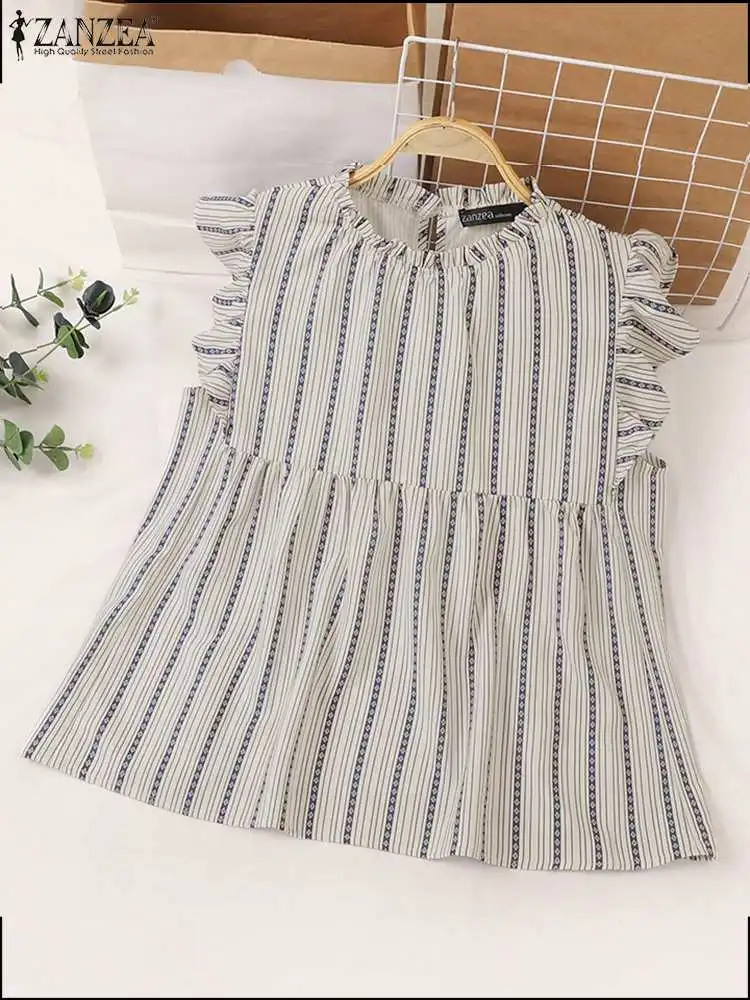 ZANZEA Women Vintage Stripe Print Tops 2024 Sweety Fungus Edge Shirt Elegant Office Blouse Fashion Autumn Flare Sleeve Blusas