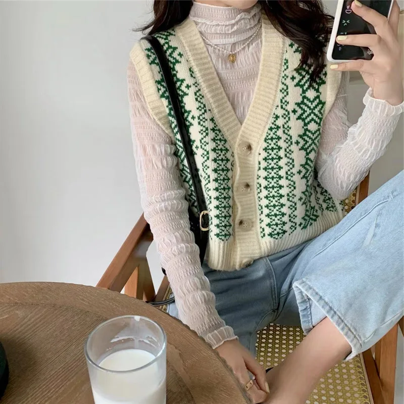 Fair Isle maglione gilet per le donne scollo a v abbottonato senza maniche maglia geometrica Teen-girl Vintage autunno inverno vestito di natale