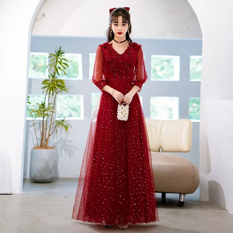 

Burgundy Women Evening Dresses Puff Sleeves Appliques Prom Party Gowns Formal Vestido De Noche Abenkleider robe soirée femme