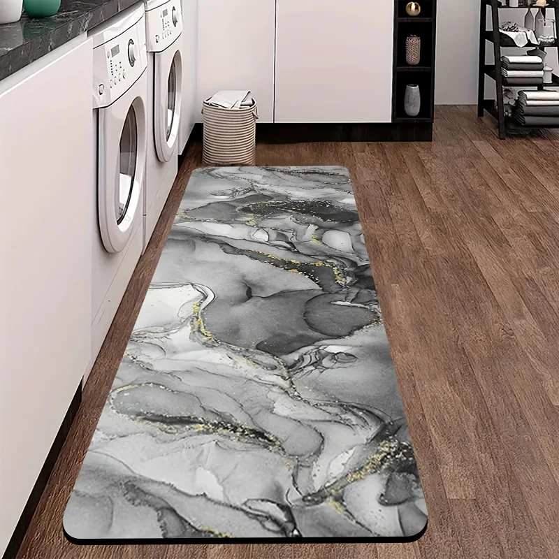 Luxury Grey Gold Marble Kitchen Mat Set, Non-Slip Soft Rug with Abstract Fluid Art, Modern Decor for Kitchen Sink & Laundry