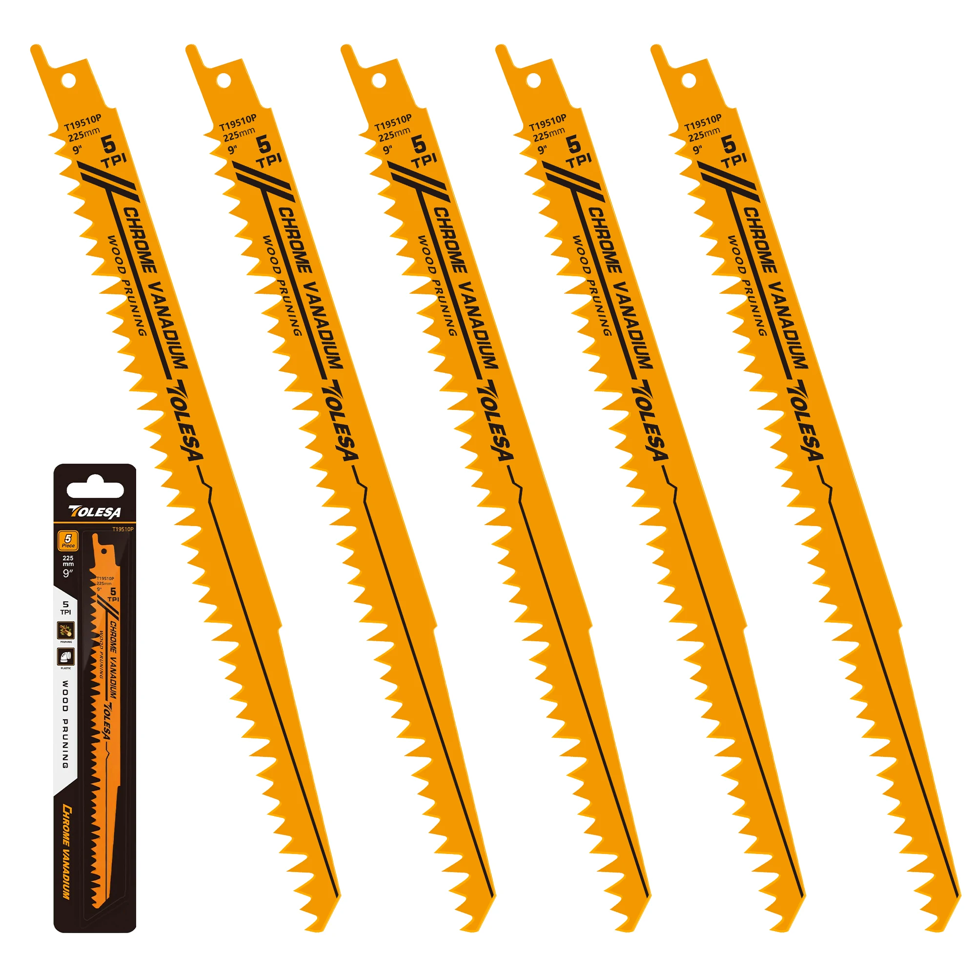 

TOLESA 5PCS 9 inch 5 TPI Wood Pruning Reciprocating Saw Blades Sawzall Blades for Quick Cutting Wood Construction and PVC Pipe