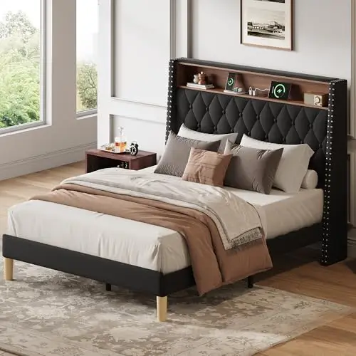 Full Size Upholstered Bed Frame with 48'' Tall Wingback Headboard, Velvet Square Tufted Platform Beds with Charging