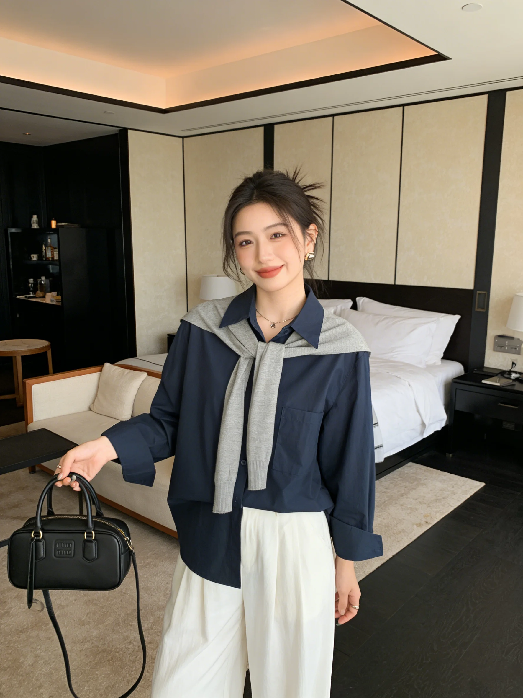 

Свободная длинная рубашка в корейском стиле с защитой от солнца, утягивающая, простая, весенняя, синяя, верхняя одежда с воротником, дышащая