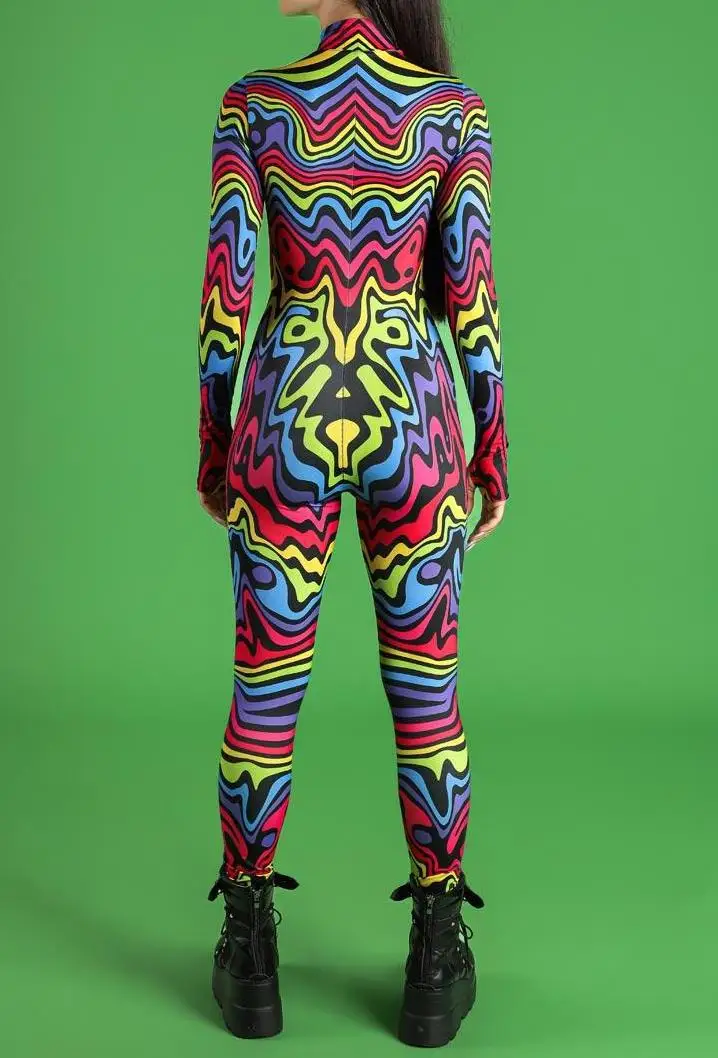 Damen Punk-Print Jumpsuit mit Unregelmäßigen Linien für Erwachsene, Cosplay-Bodysuit für Halloween, Karneval, Party, Auftritt, Radsport, Catsuit, Romper – Detail 14