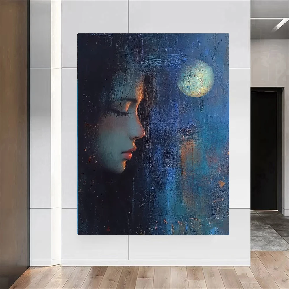 

Картина маслом «Девушка под лунным светом» - Оригинальное произведение искусства для современного дома, ручная роспись, декор для стен