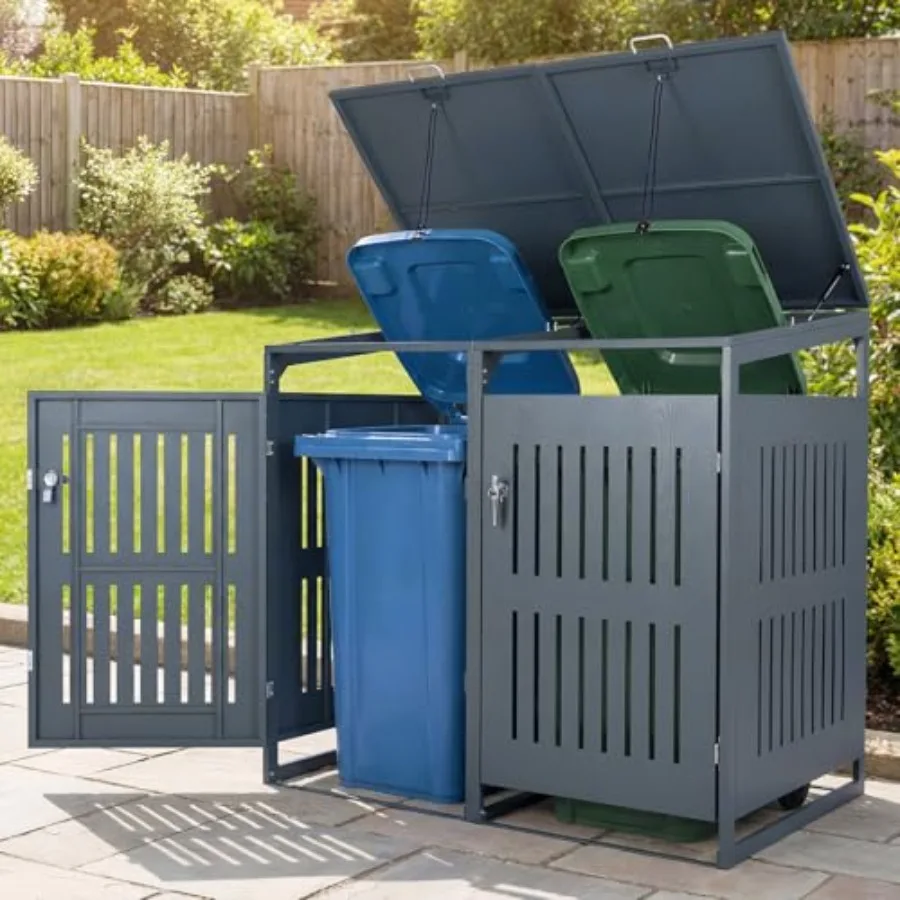 Outdoor trash can storage for patio/backyard/garden: 44 cu.ft, galvanized steel, charcoal gray, weatherproof with lockable door