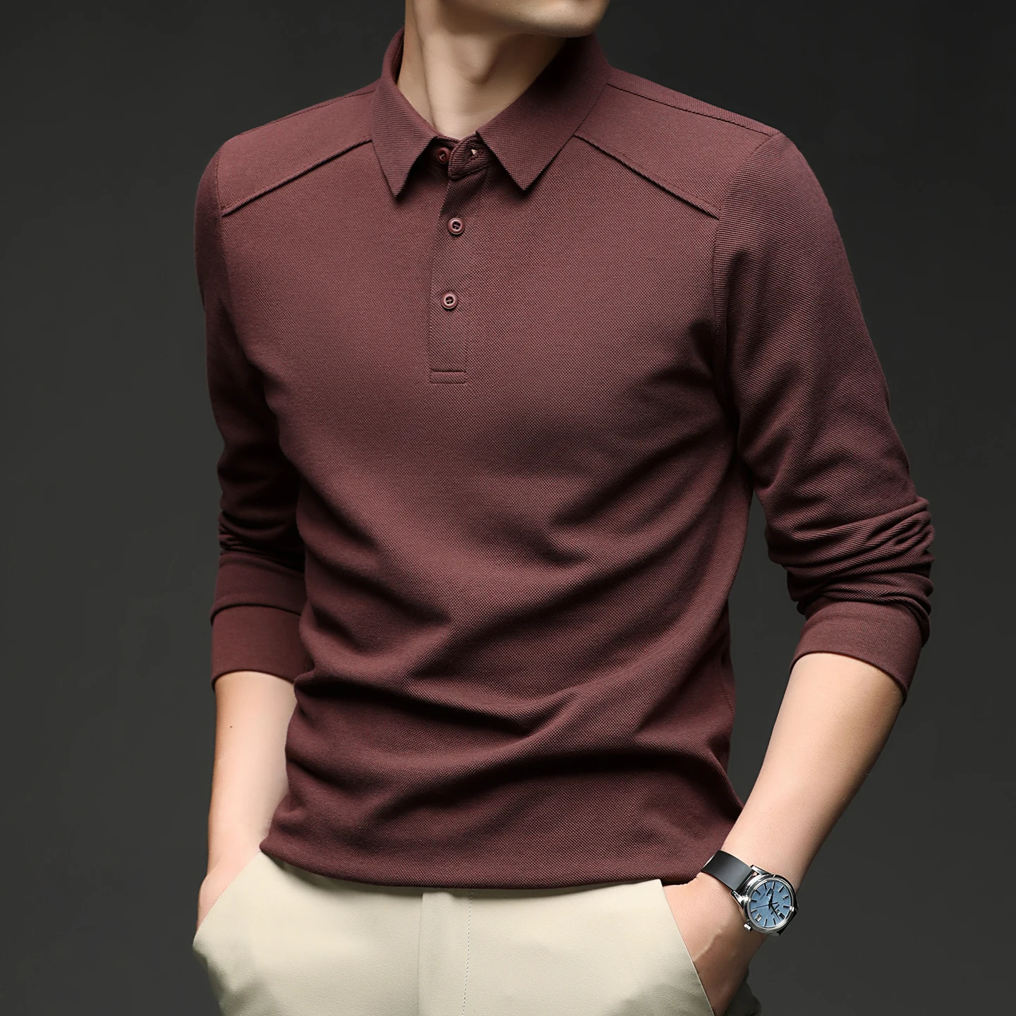 Men's Long Sleeve Polo Shirt Spring Autumn Men Business Casual Polo Shirts Men Solid Color Breathable Middle Aged Basic Top