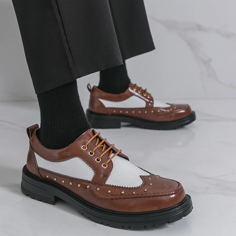 Fashionable New Men's Comfortable Height Increasing Groom's Wedding Shoes Brand Luxury Men Rivet Tied Thick Soled Leather Shoes
