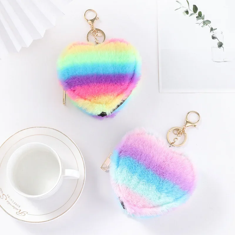 New Kawaii Plush Heart Bag Tie-dyed Style Coin Purses for Women Cute Children's Mini Wallet Designer Original Wallets for Girls