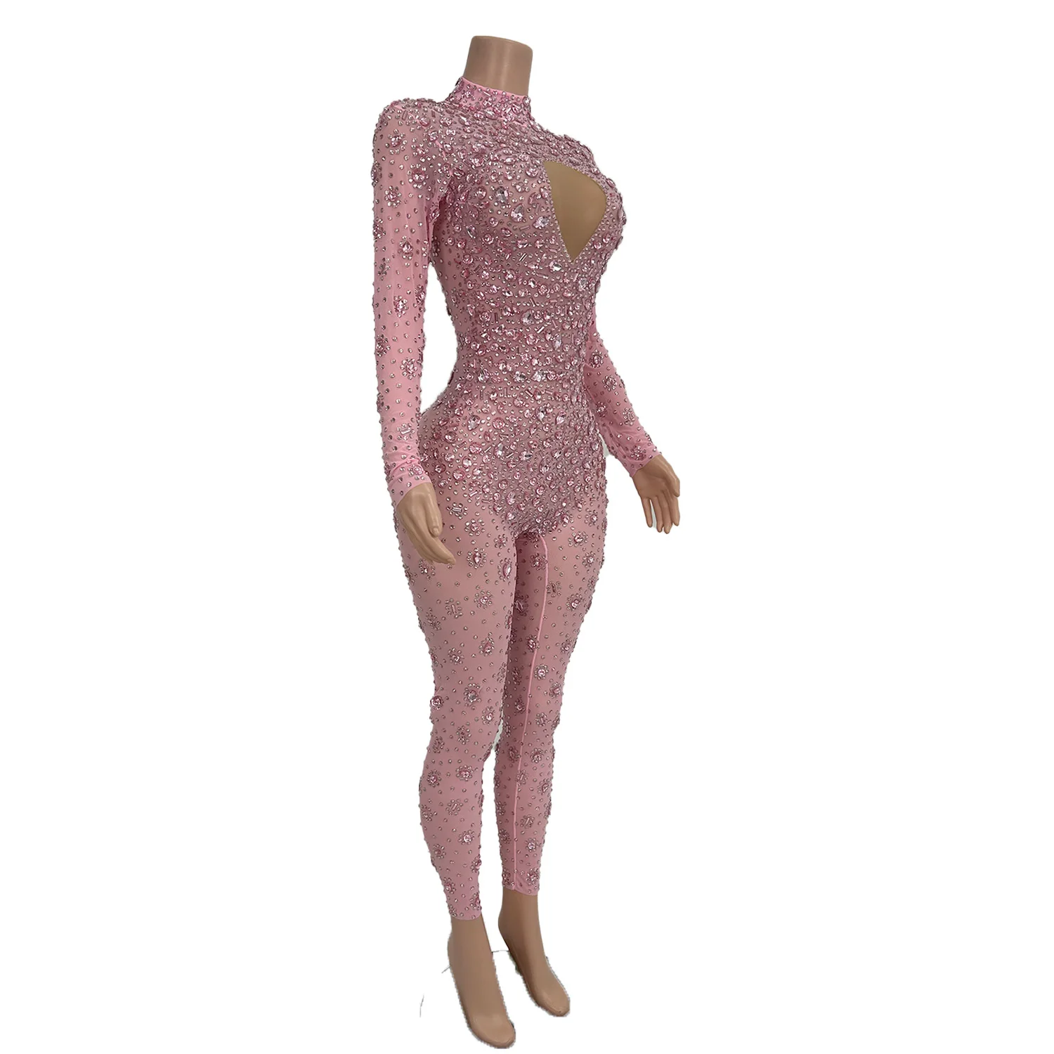 Sexy Pink Diamonds Mesh Jumpsuit Women Costume Bodycon Club Party Bodysuit See Through Rhinestones Dance Stage Wear Cuican