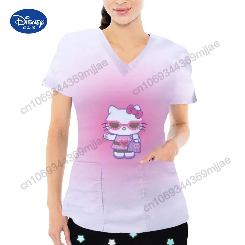 

V-neck Summer Women's T-shirts 2023 Pocket Cartoon Tops Short Sleeves T-shirts