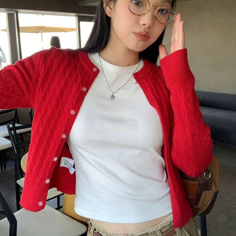 Deeptown Twist Vrouwen Crop Kintted Vest Basic Effen Kleur Lange Mouw Koreaanse Mode Truien Slanke Elegante Bovenkleding Herfst