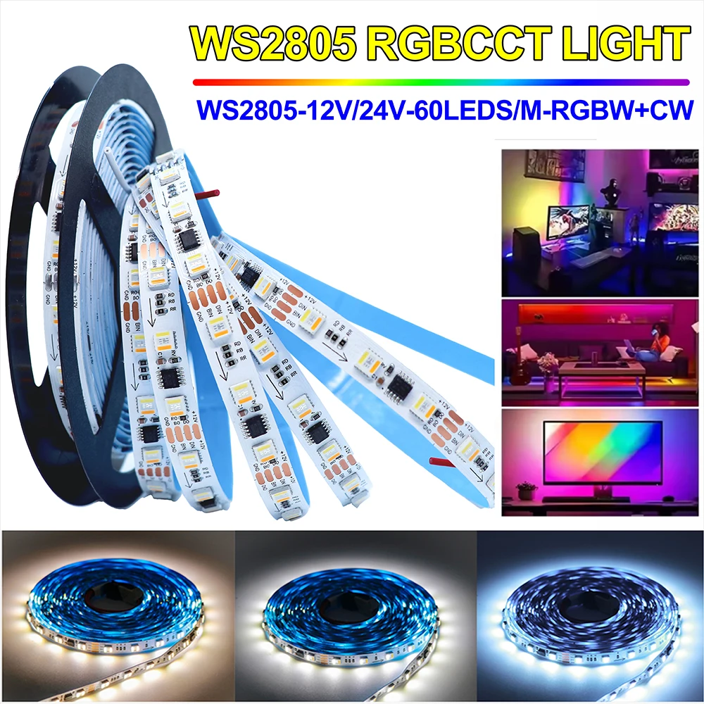 WS2805 RGBCCT RGBIC LED Strip 12V 24V 60LEDs/m Addressable CW WW SMD5050 Ceiling Indoor Flexible Lighting RGBCCT RGBIC LED Strip