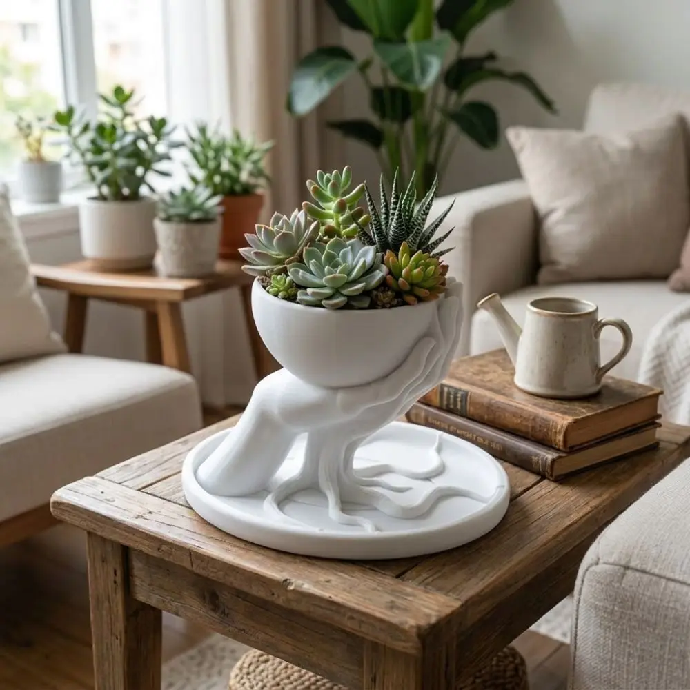 3D Printed Tree Hand Shape Succulent Pot Marble Texture Decorative Jewelry Storage Tray Plastic Unique Plant Pot Desktop Decor