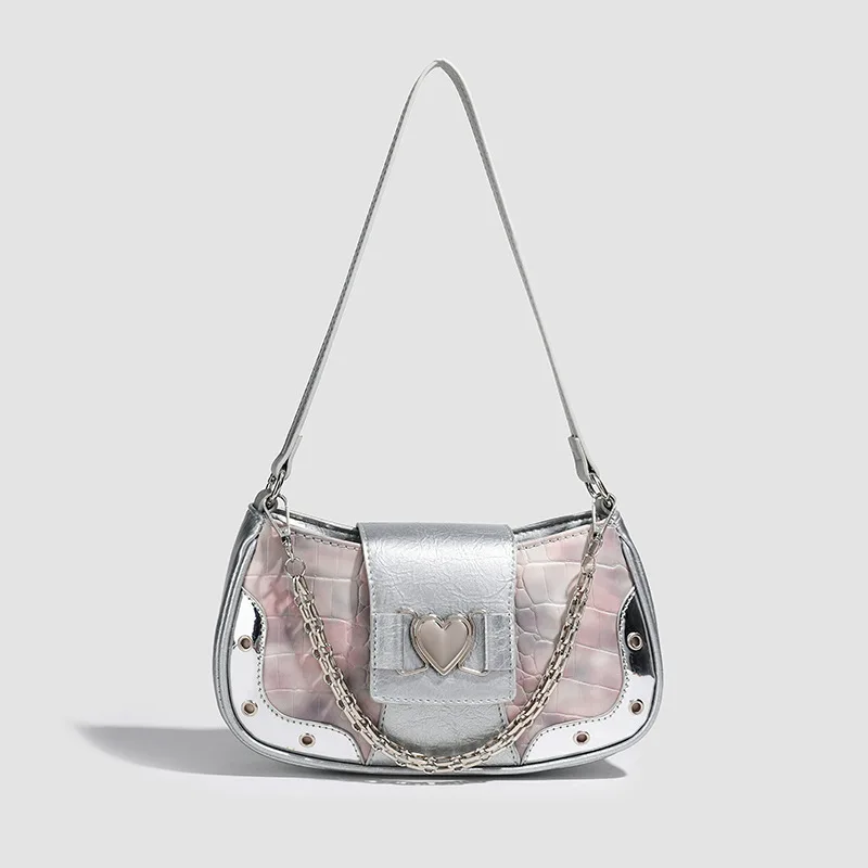 

New Women's Bag Sweet Cool Heart Metal Rivet Decoration Portable Shoulder Bag Snake Skin Pattern Gothic Punk Style Handbag