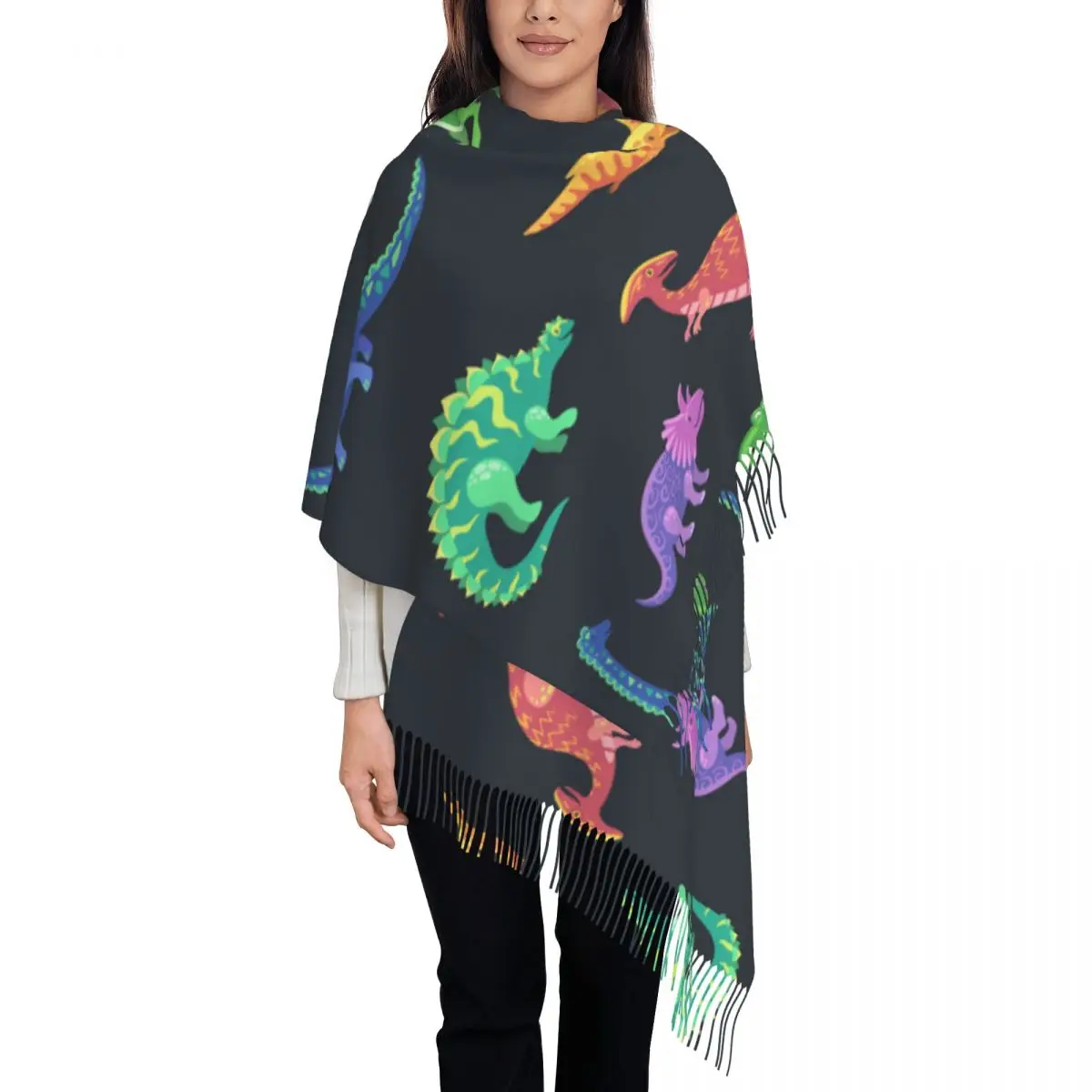 Women Scarf Color Kid Dinosaur Winter Shawls Thin Wrap Lady Tassel Warm Scarves Hairy Bufanda Stole