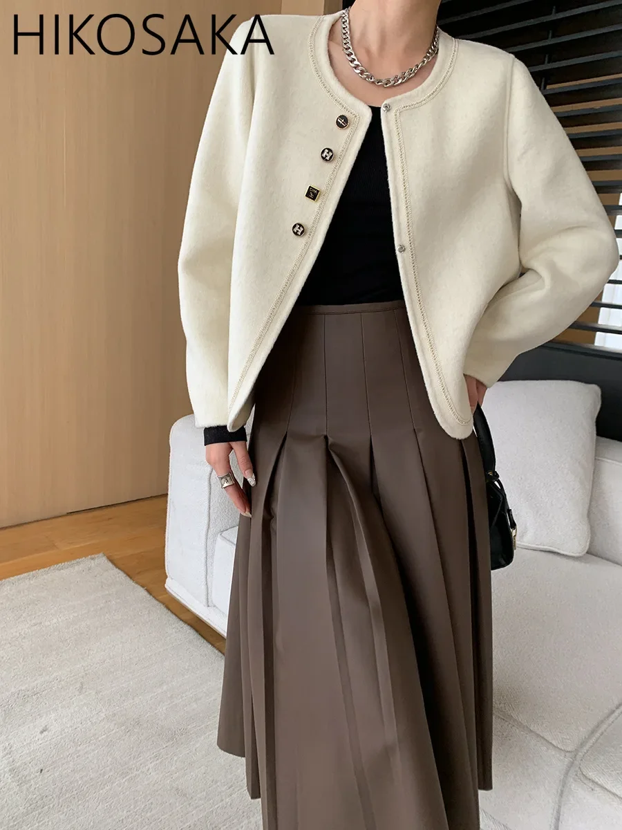 

O-neck Single Breasted Long Sleeve Wollen Jackets Korean Chic Small Fragrance Style Elegant Coat Solid Simple Autumn Outwears