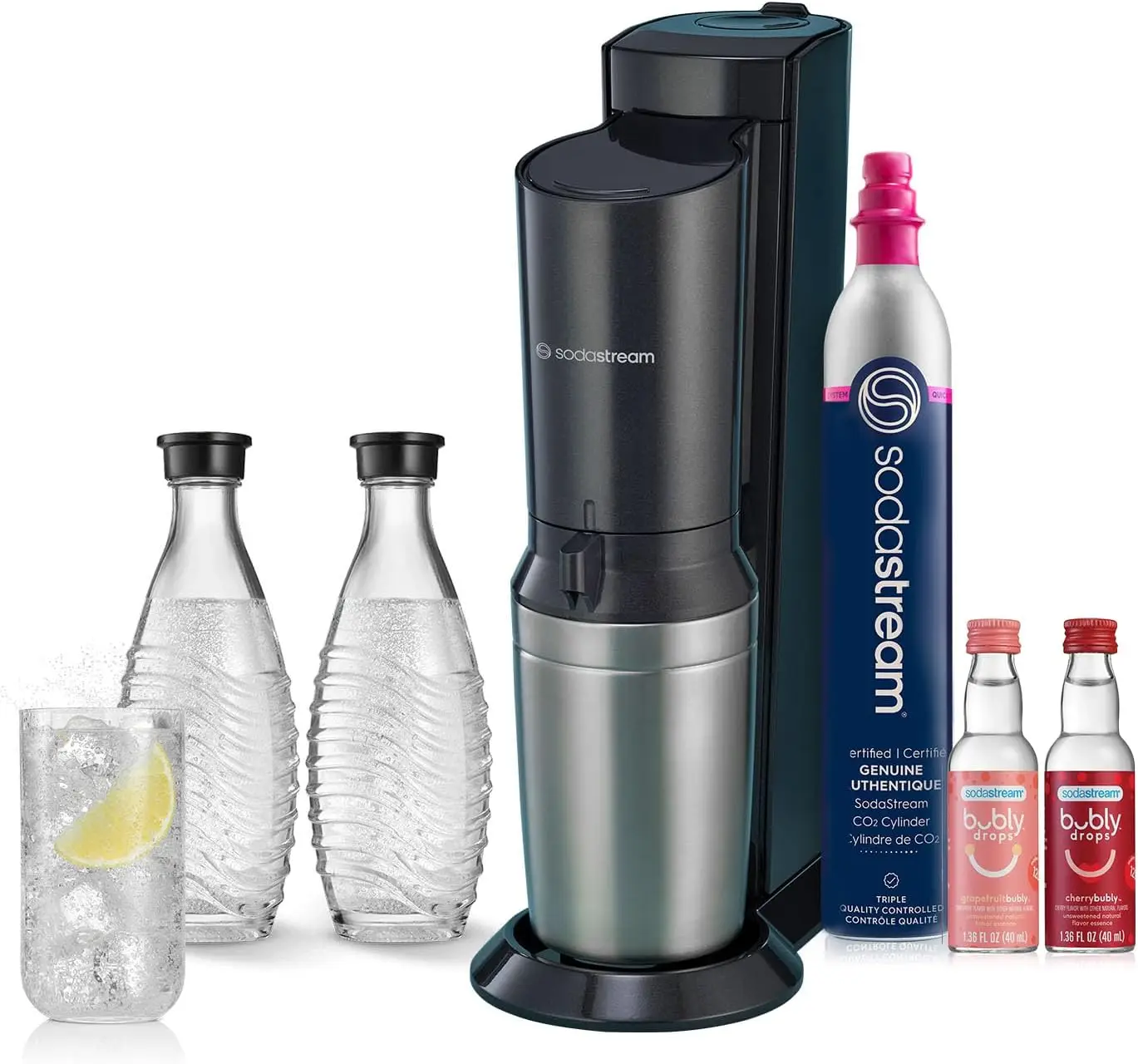 Aqua Fizz Sparkling Water Maker Bundle (Black), with Co2, Glass Carafes, & bubly drops Flavors