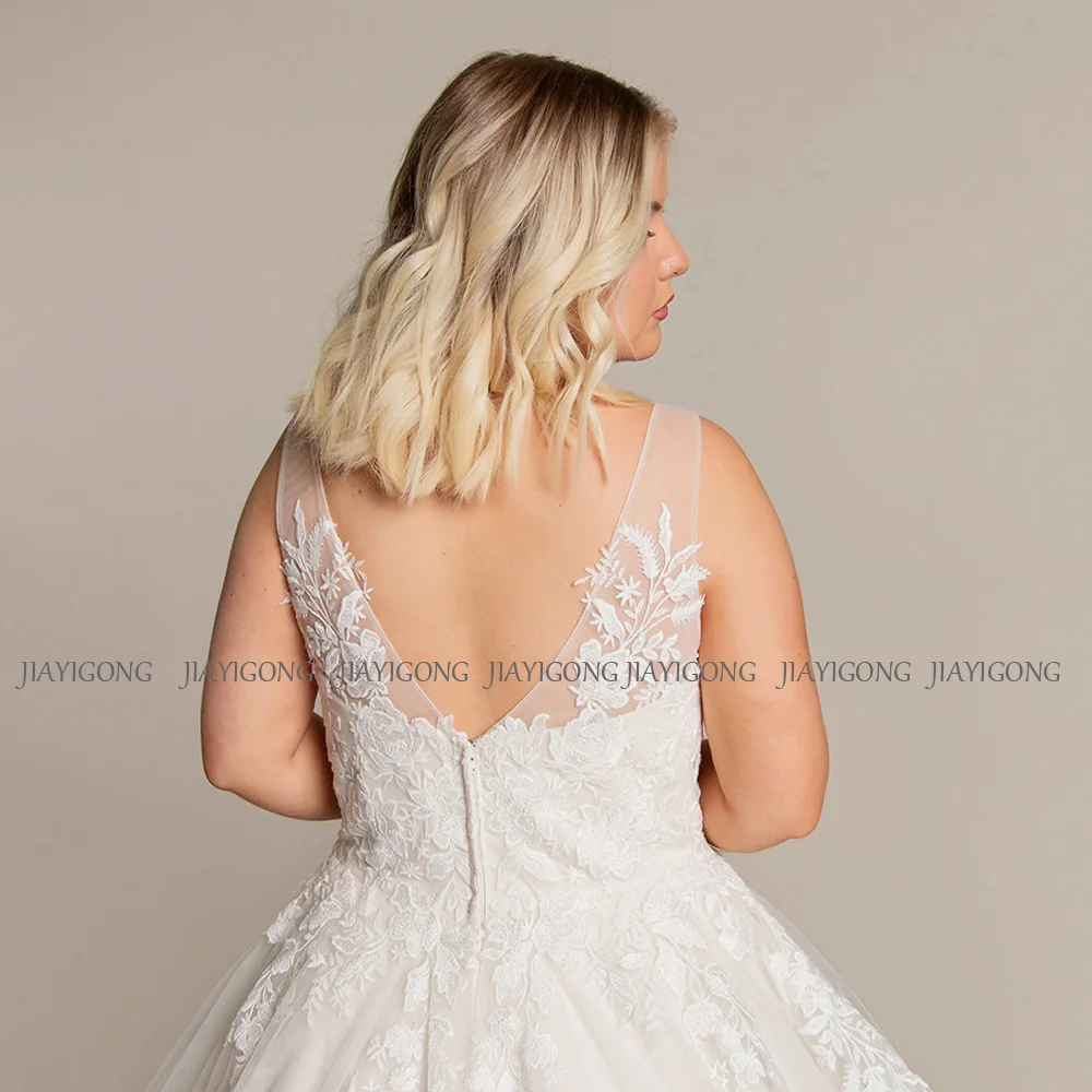 Jiayigong Ruffles Wedding Dress Plus Size Robe De Mariage Sleeveless V Neck Lace Tulle Sweep Train Back Zipper Up Bridal Gown