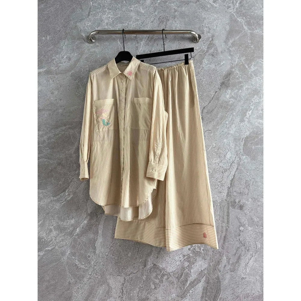 

Beige Striped Print Long Sleeve Mermaid Embroidery Blouse Tops and Midi Skirt Set Cotton 2025