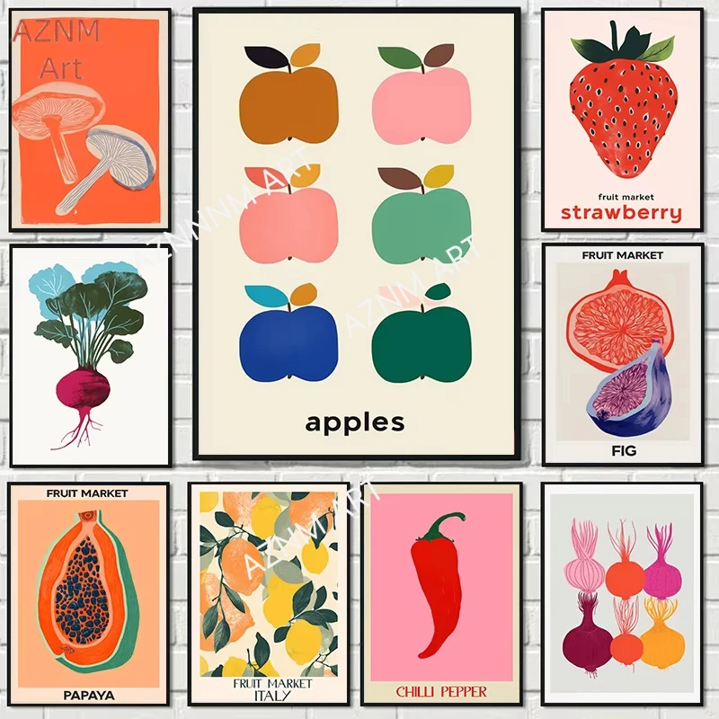 Fruit Vegetable Market Lemon Strawberry Papaya Food Poster Canvas Painting Wall Art Pictures Kitchen Home Restaurant Decor