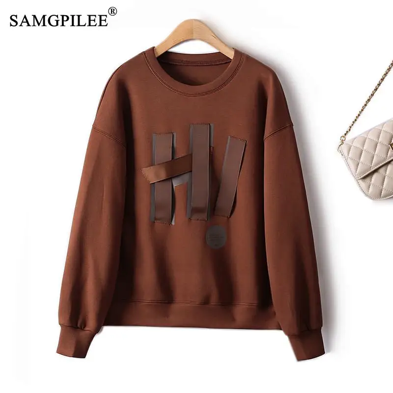 

Sweatshirts Woman 2022 Autumn Fashion Letter Three Dimensional Webbing Stitching Casual Loose Full Sleeve Winter Clothes Women