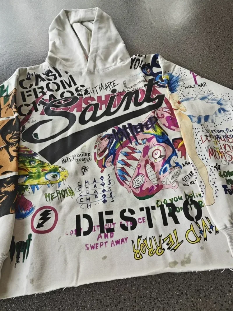 

25ss Hip Hop Saint Michael Oversized Hoodies Men Women 1:1 Best Quality Graffiti Printing Washed White Hoodies