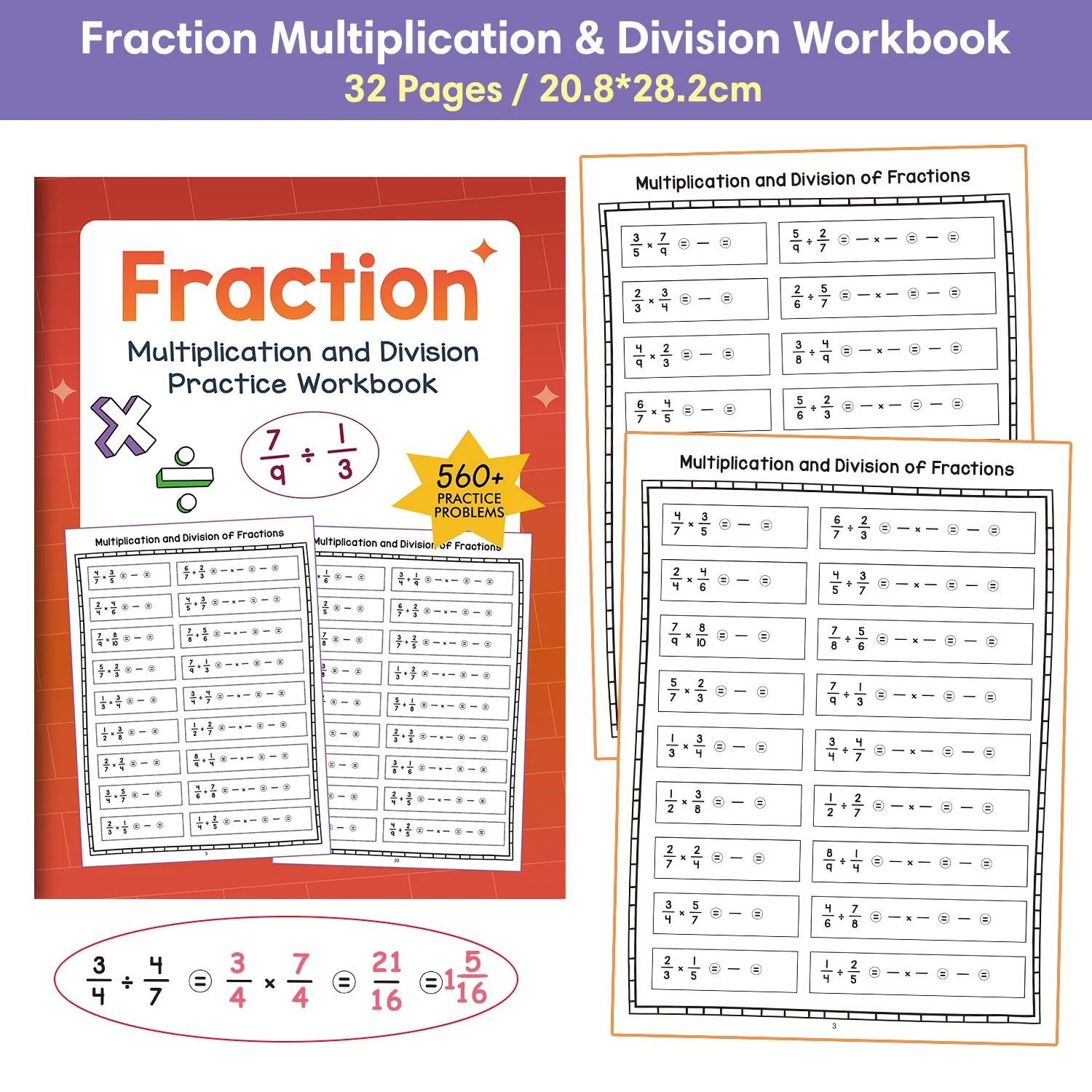 Kids Math Practice Book Adding and Subtracting Training Steps Decomposition Fractional Multiplication Division