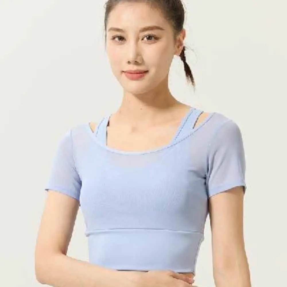 

Sports Underwear Short Sleeve Women Yoga Shirts Padded Mesh Sports Tees Breathable Fake 2 Pieces Fitness Sportswear Running