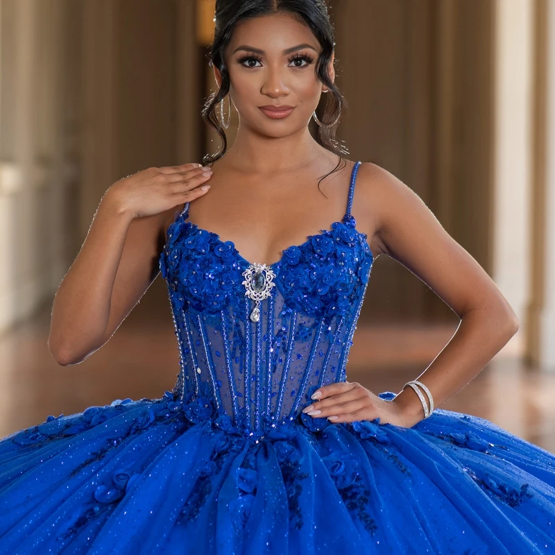 الأزرق الملكي لامعة الأميرة السباغيتي حزام الحلو 16 فستان فساتين Quinceanera زين الدانتيل الخرز مشد القوس تول حفلة عيد ميلاد