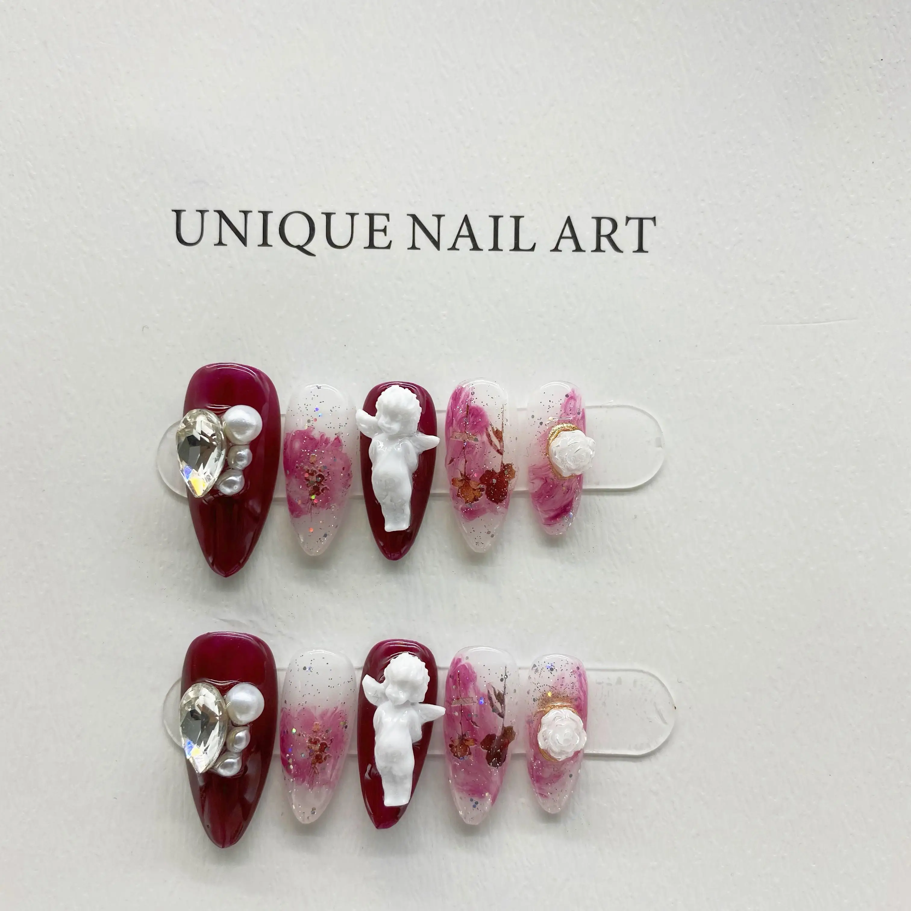 Luxurious Burgundy Dark Pearl Angel Detachable High-Quality Reusable Elegant White Press On Nails.No.D102