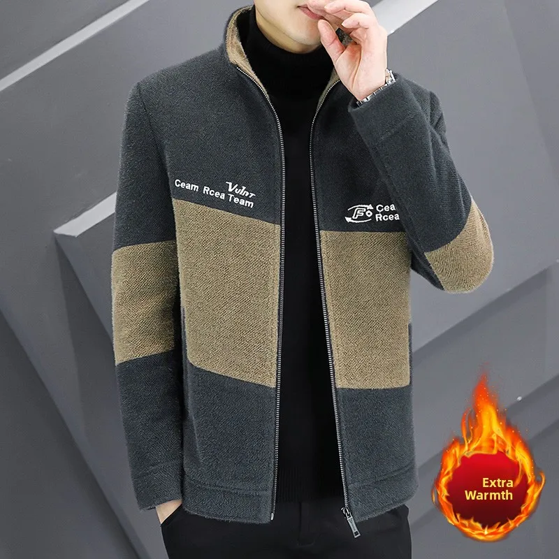 

2026 New Men's Short Woolen Jacket Autumn Winter Fashion High-End Golden Mink Velvet Business Casual Style Zipper Closure Sli...