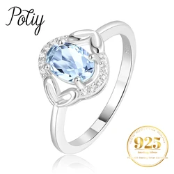 Potiy Oval Genuine Natural Sky Blue Topaz 925 Sterling Silver Rings for Women Fashion Gemstone Engagement Ring Band