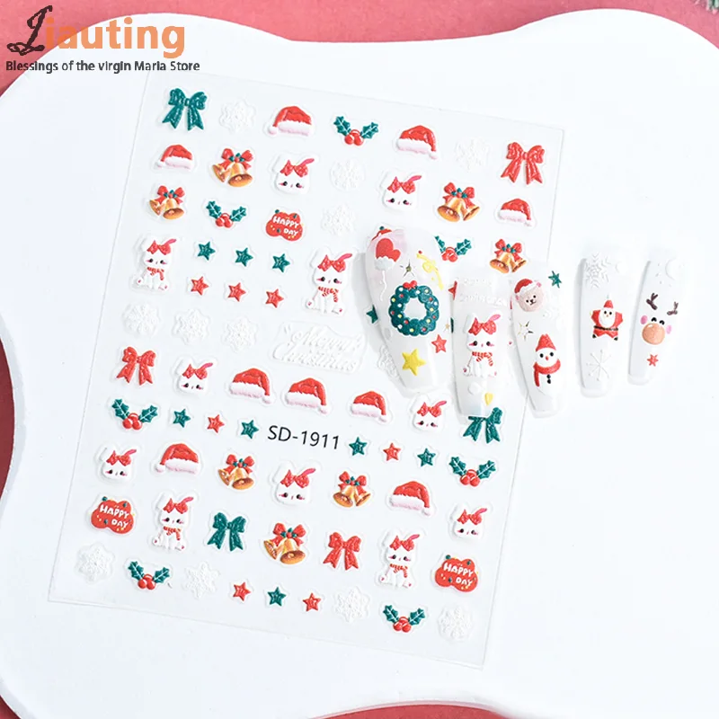 크리스마스 사랑스러운 만화 리본 산타클로스 눈사람 크리스마스 트리 엘크 눈송이 네일 아트 스티커 귀여운 매니큐어 데칼
