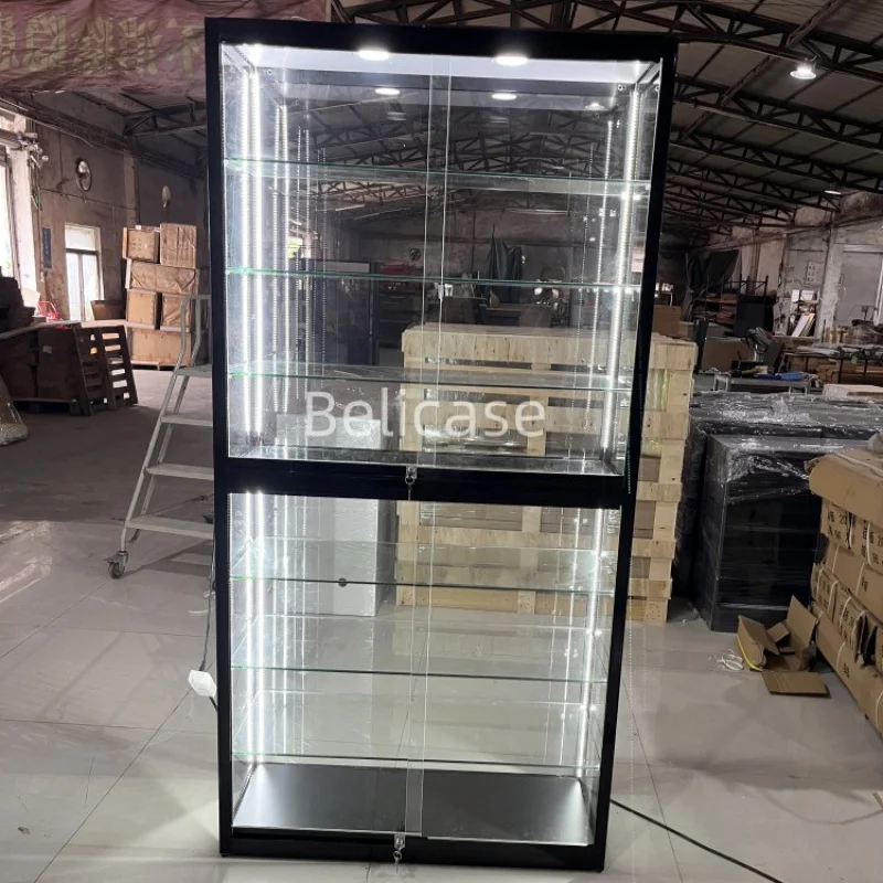 

Customized. factory sale spotlight jewelry shop cabinet frame wall display glass display showcase retail display with L